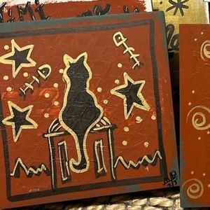 Hand painted cat on wood block